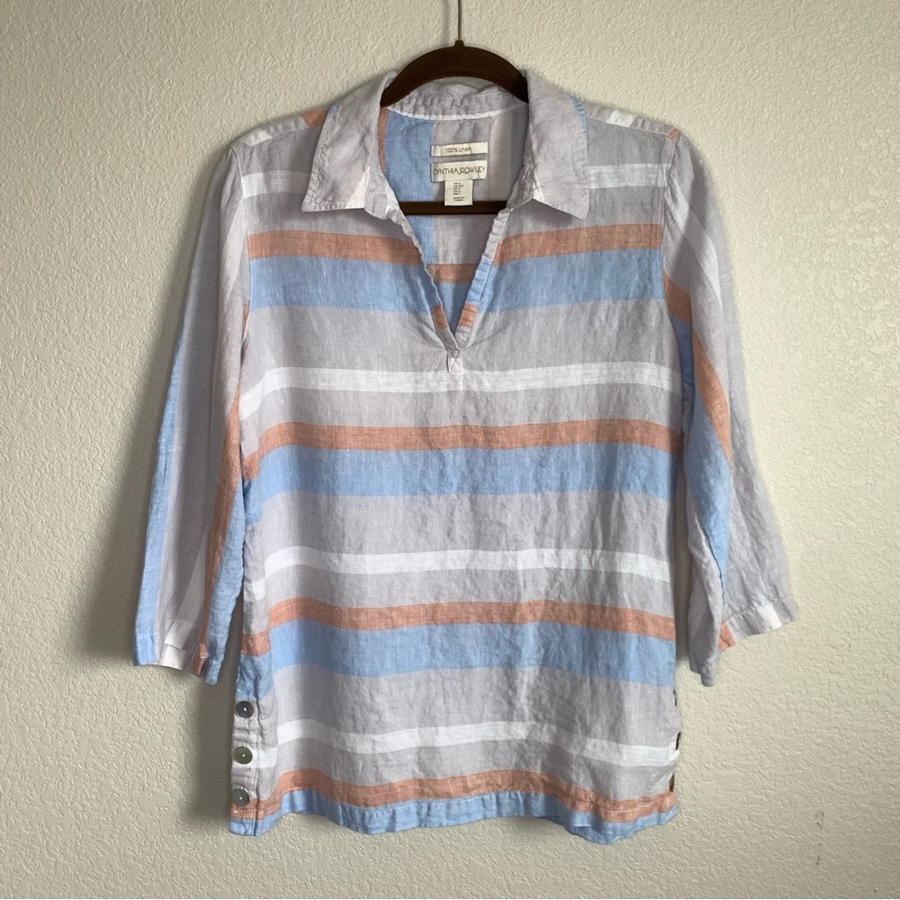 Cynthia Rowley Linen Blouse Tunic Sz S.  Collared V Neck  Lt Blue/Peach